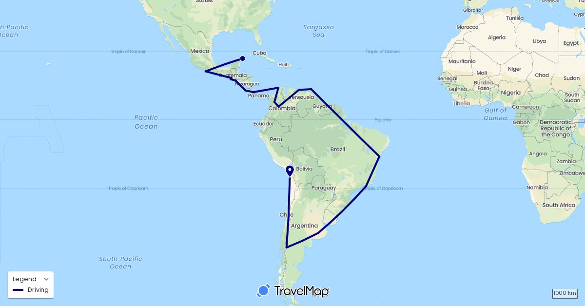 TravelMap itinerary: driving in Argentina, Brazil, Chile, Colombia, Costa Rica, Guatemala, Mexico, El Salvador, Venezuela (North America, South America)